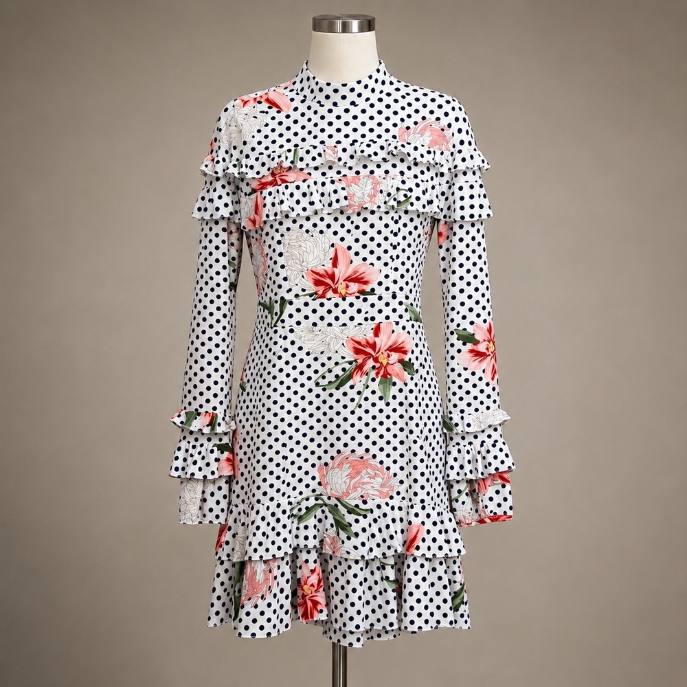Boohoo Mini Dress Size 6 White Polka Dot Floral Ruffle Mock Neck Long Sleeve